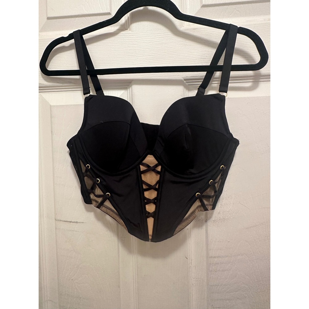 Wolf & Whistle Black Nude Lace Up Mesh Corset Top Underwire Bra 36C